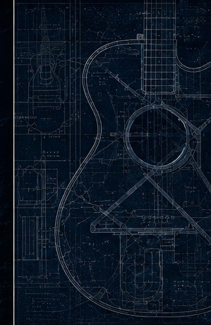 Blueprint of a 1937 parlor guitar drawn in gold hairlines